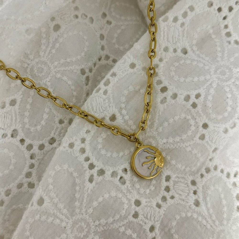 Sku 0437 vintage gold chain necklace With moon stone pendant sun stainless steel - Picture 4 of 7